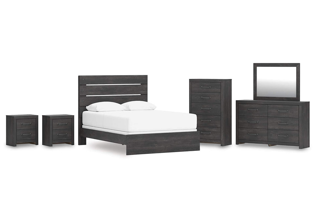 Delmorta Queen Panel Bed, Dresser, Mirror, Chest and 2 Nightstands