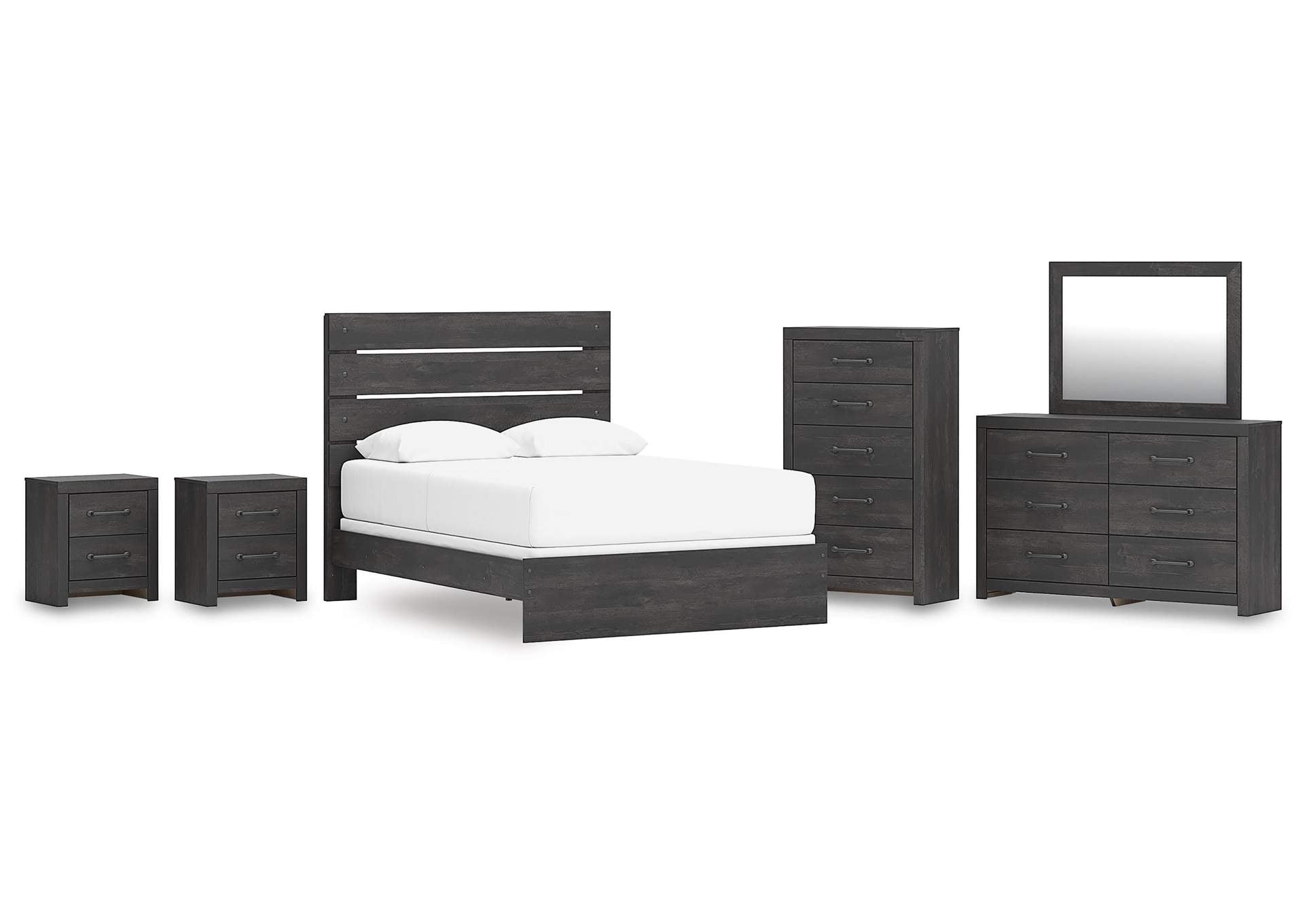 Delmorta Queen Panel Bed, Dresser, Mirror, Chest and 2 Nightstands