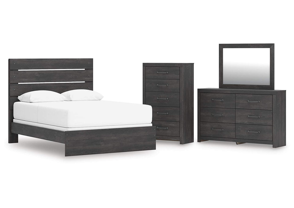Delmorta Queen Panel Bed, Dresser, Mirror and Chest