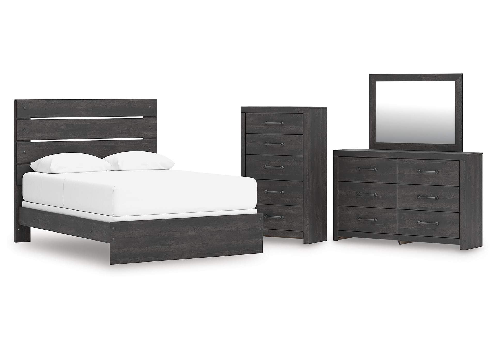 Delmorta Queen Panel Bed, Dresser, Mirror and Chest