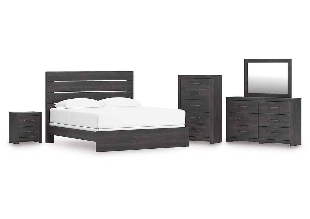 Delmorta King Panel Bed, Dresser, Mirror, Chest and Nightstand