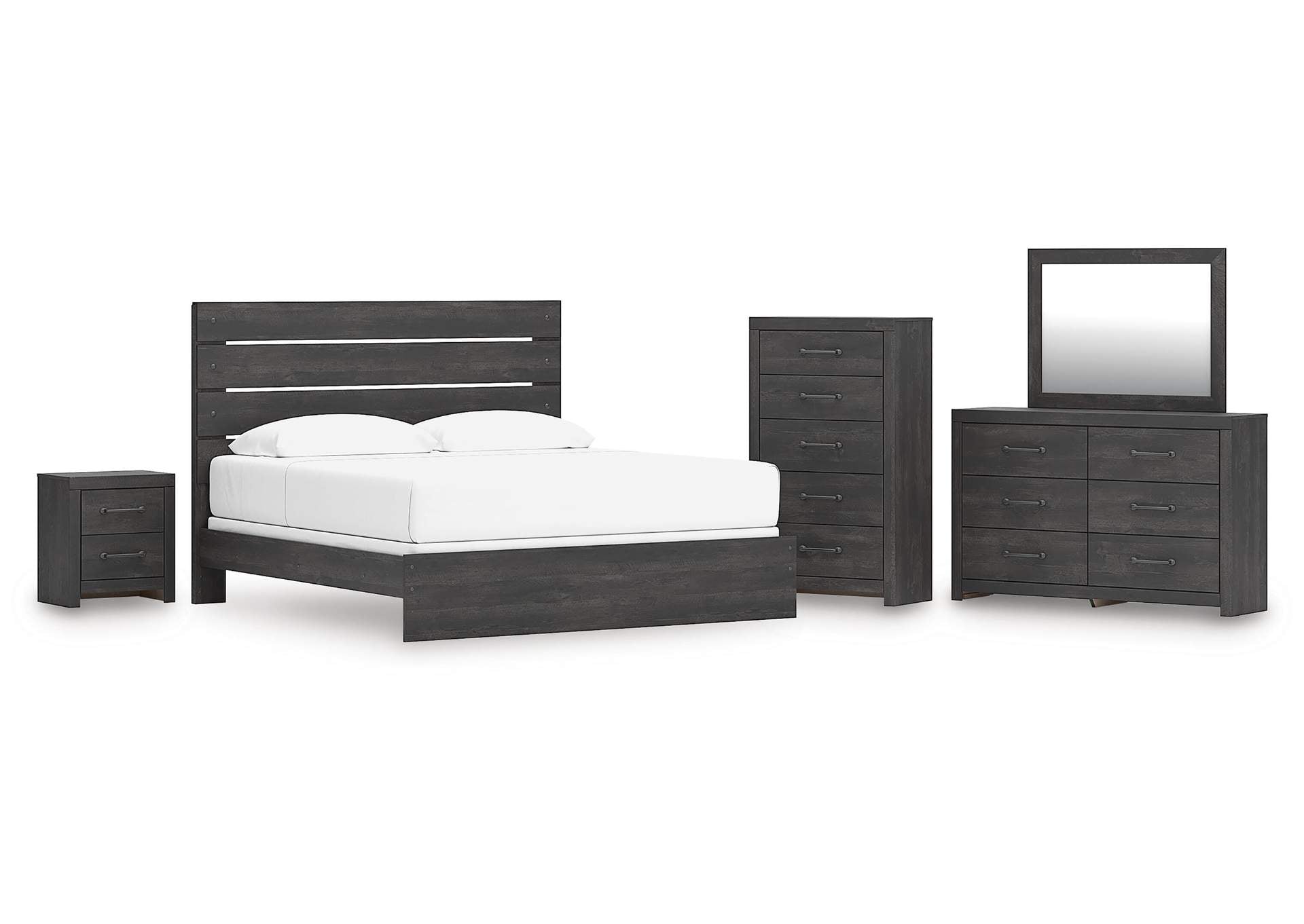 Delmorta King Panel Bed, Dresser, Mirror, Chest and Nightstand