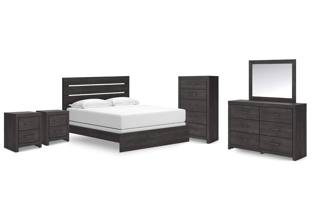 Delmorta King Panel Bed, Dresser, Mirror, Chest and 2 Nightstands