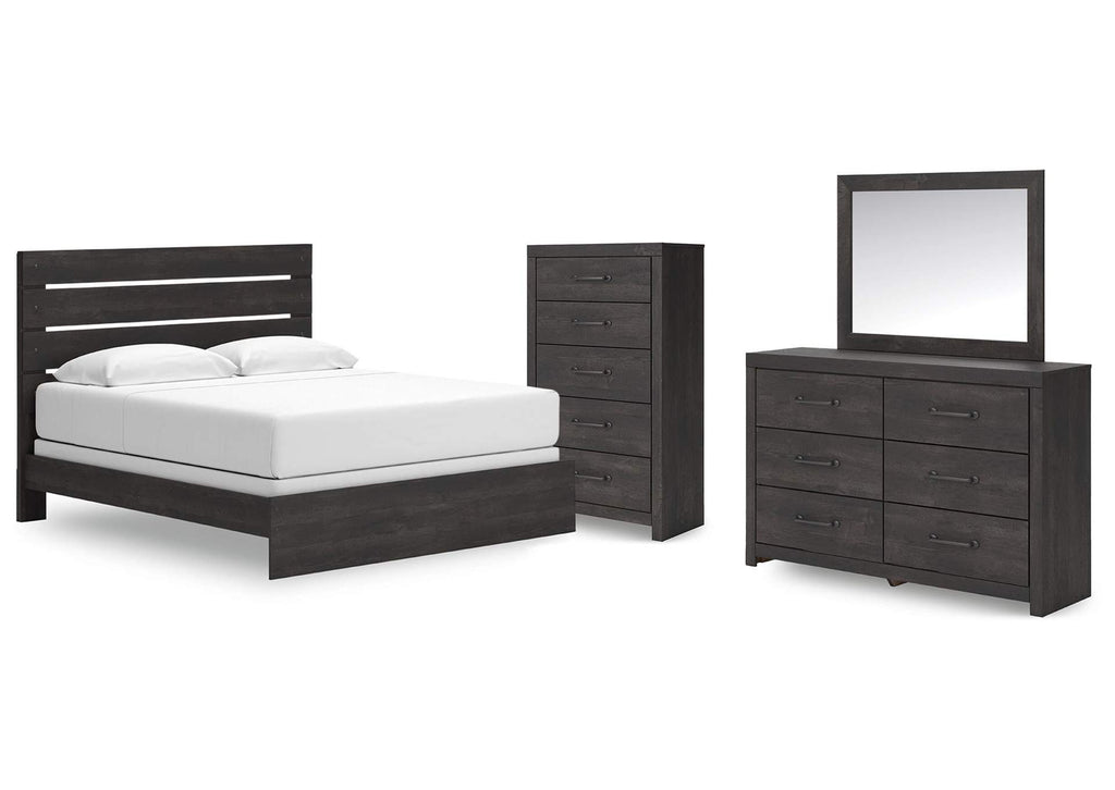 Delmorta King Panel Bed, Dresser, Mirror and Chest