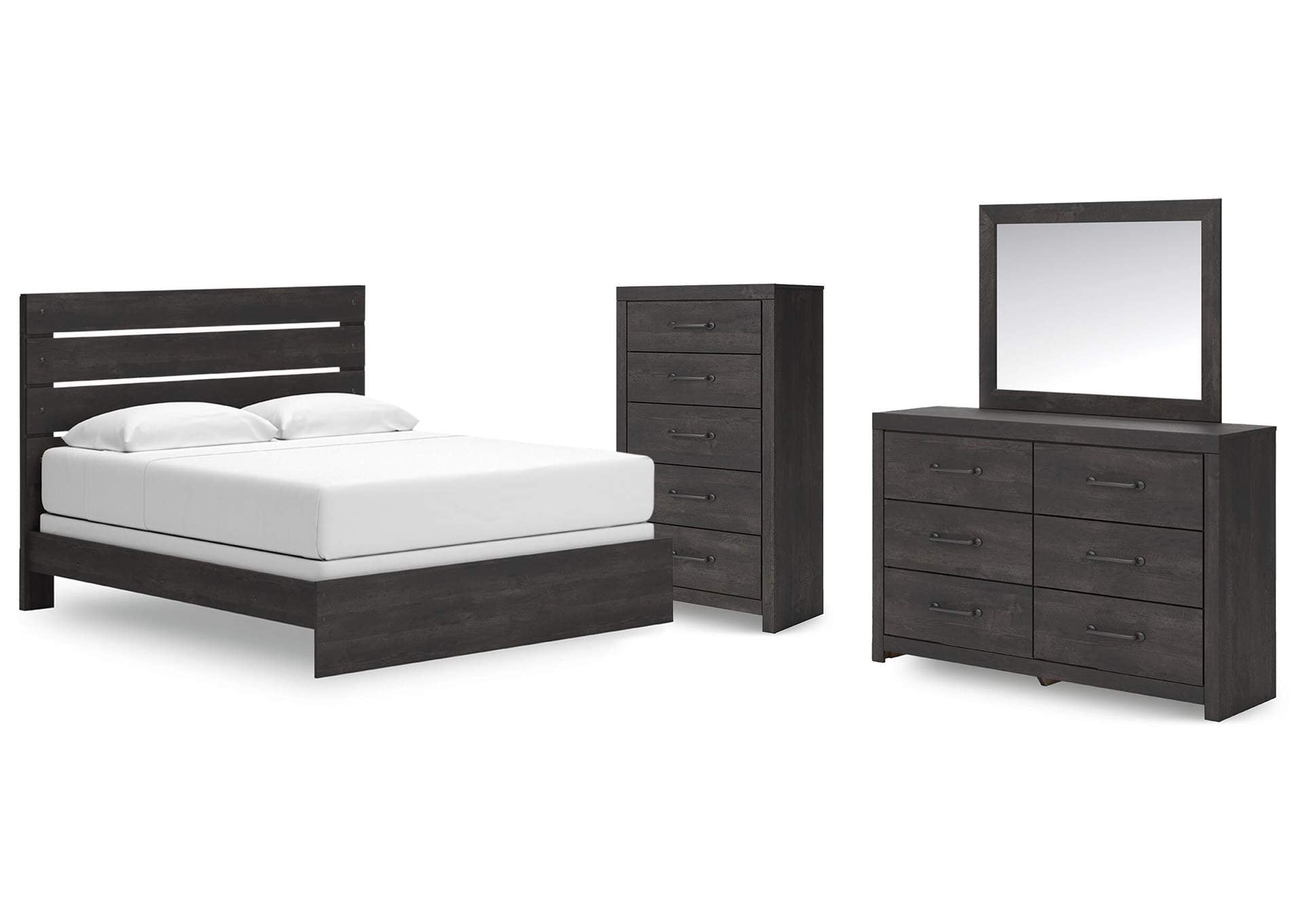 Delmorta King Panel Bed, Dresser, Mirror and Chest