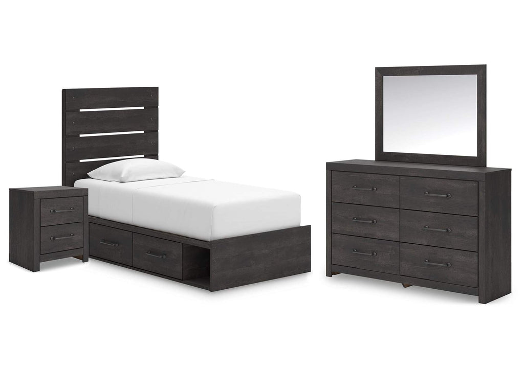 Delmorta Twin Panel Bed with Storage, Dresser, Mirror and Nightstand