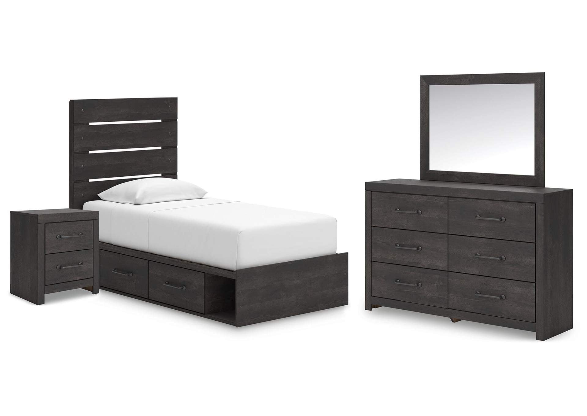 Delmorta Twin Panel Bed with Storage, Dresser, Mirror and Nightstand