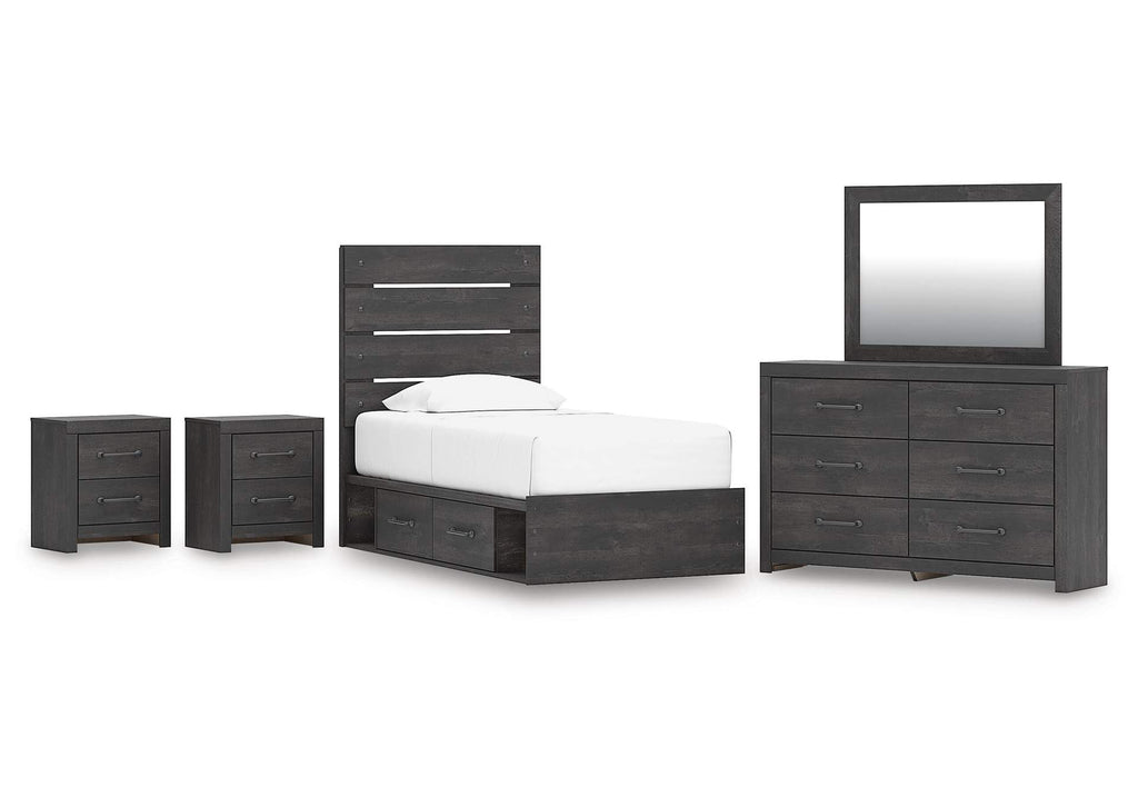 Delmorta Twin Panel Bed with Storage, Dresser, Mirror and 2 Nightstands