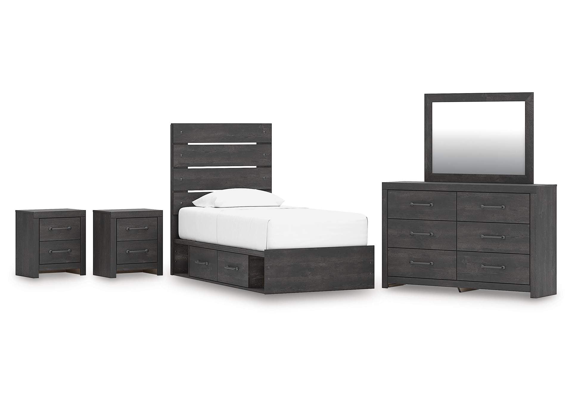 Delmorta Twin Panel Bed with Storage, Dresser, Mirror and 2 Nightstands