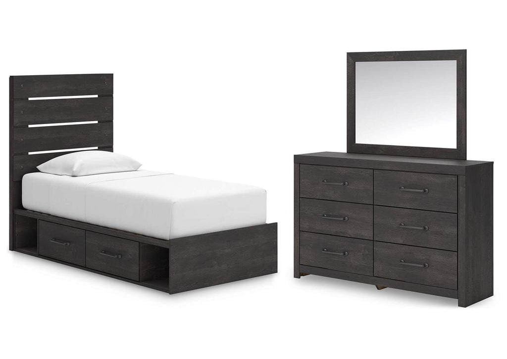 Delmorta Twin Panel Bed with Storage, Dresser and Mirror
