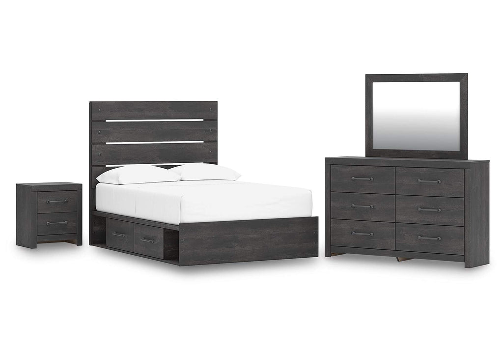 Delmorta Full Panel Bed with Storage, Dresser, Mirror and Nightstand
