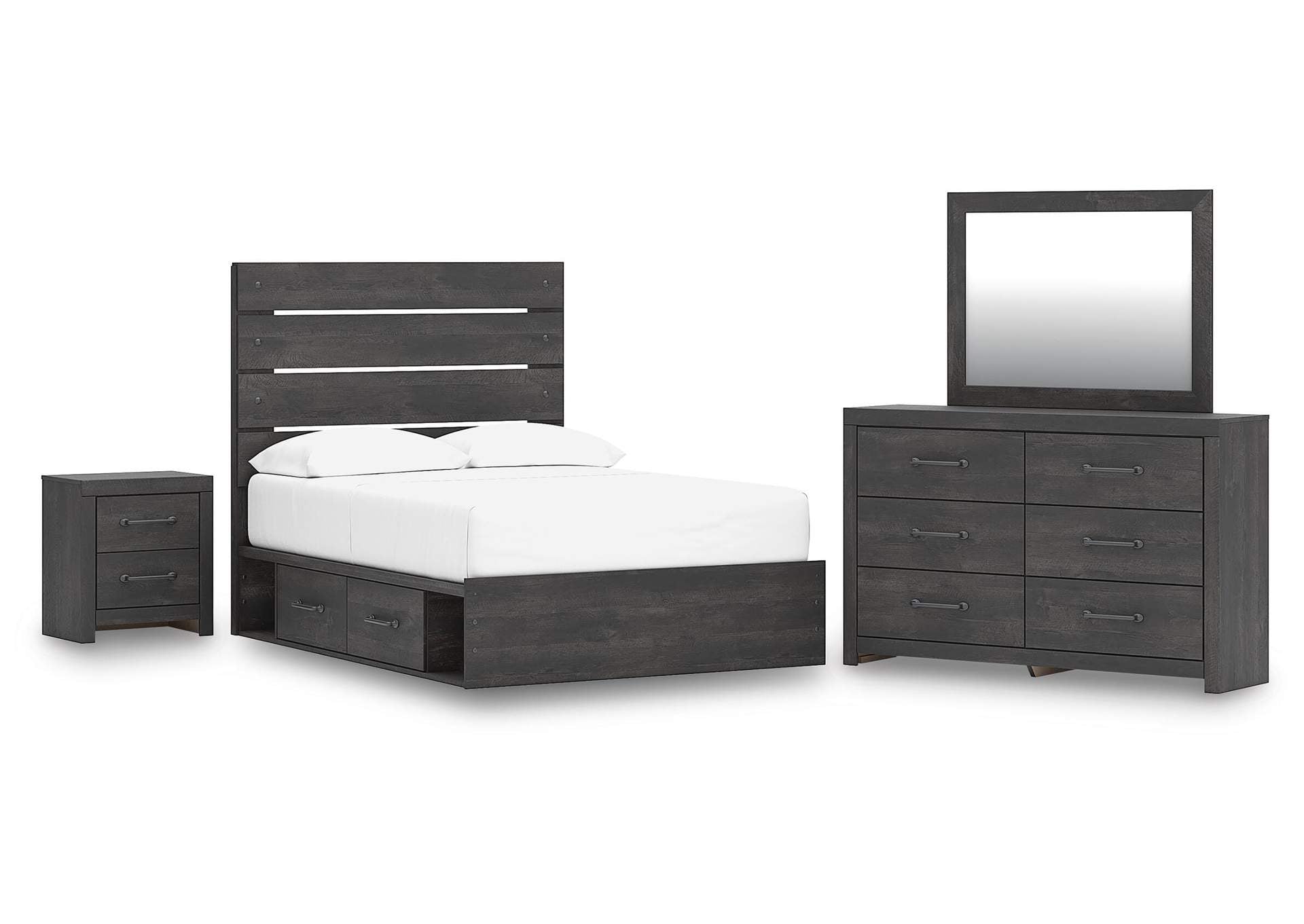 Delmorta Full Panel Bed with Storage, Dresser, Mirror and Nightstand