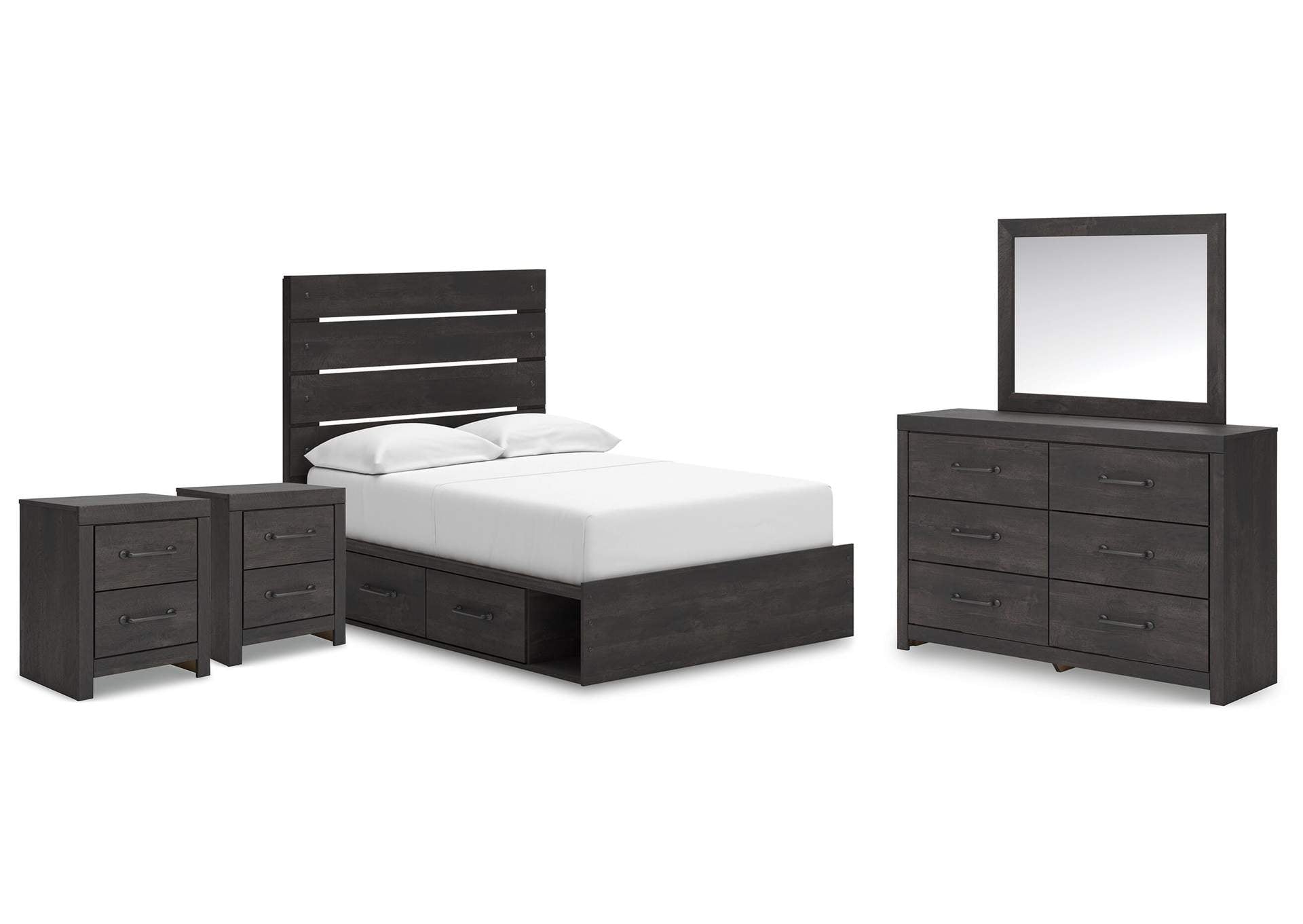 Delmorta Full Panel Bed with Storage, Dresser, Mirror and 2 Nightstands