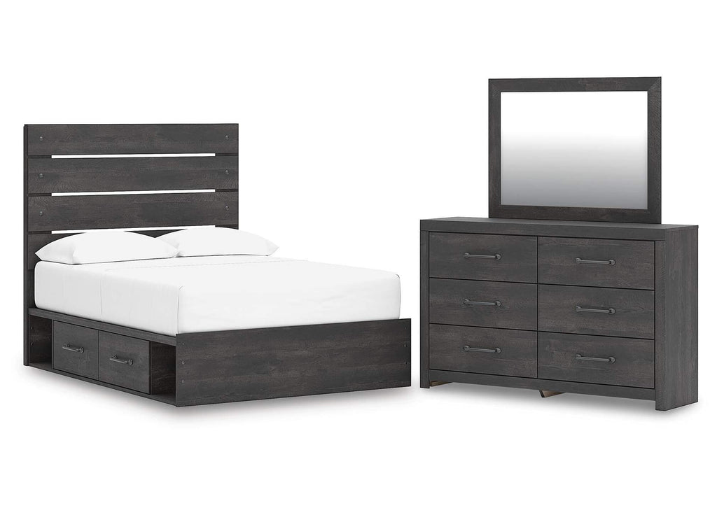 Delmorta Full Panel Bed with Storage, Dresser and Mirror