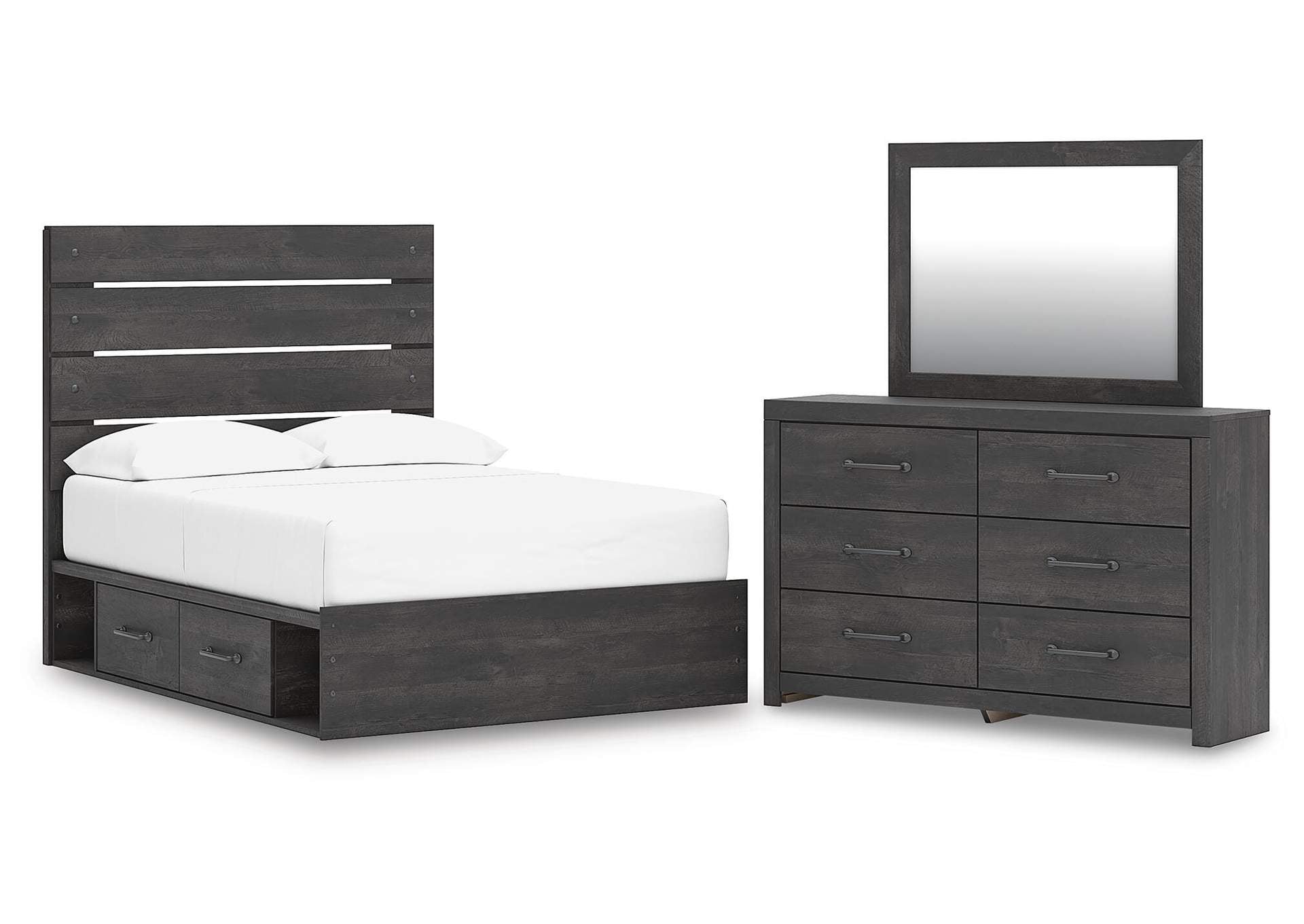 Delmorta Full Panel Bed with Storage, Dresser and Mirror