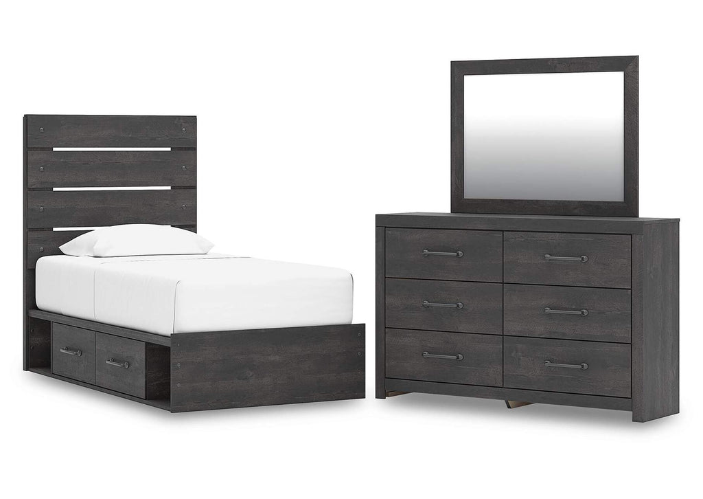 Delmorta Twin Panel Storage Bed, Dresser and Mirror