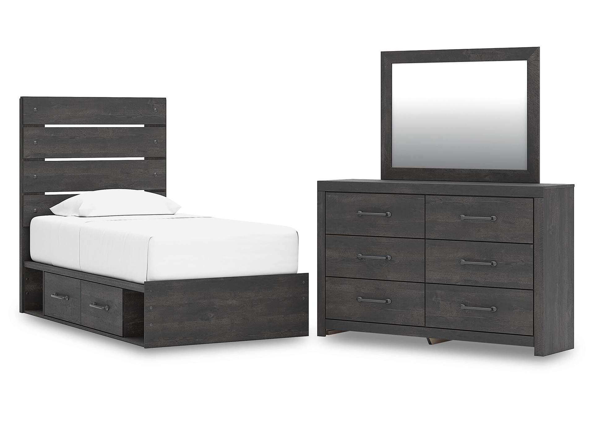 Delmorta Twin Panel Storage Bed, Dresser and Mirror