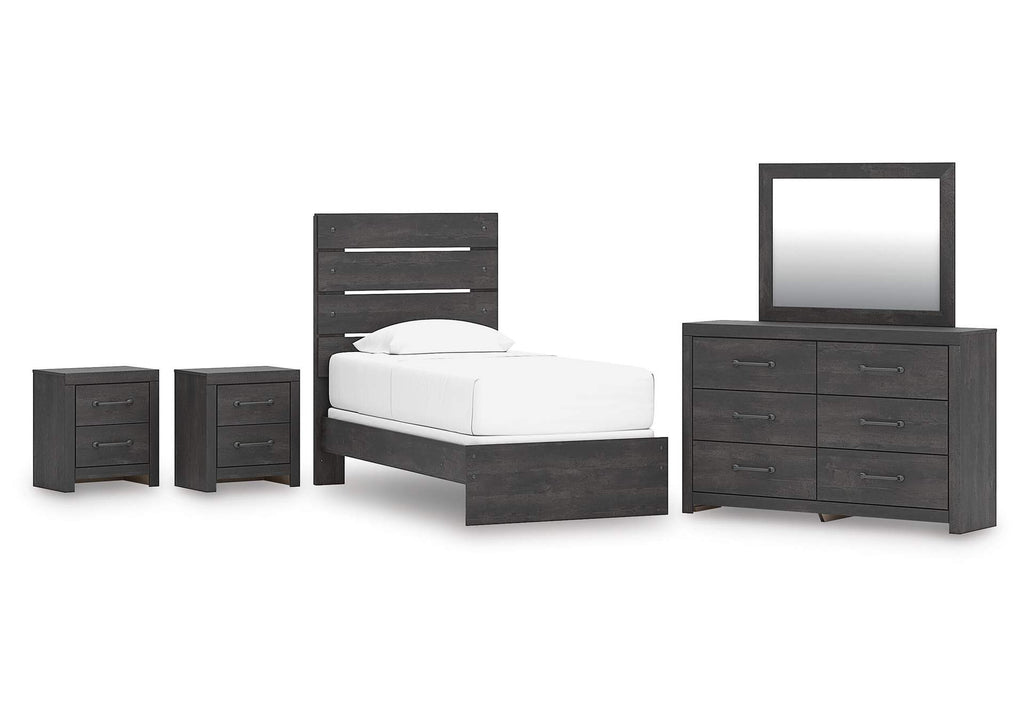 Delmorta Twin Panel Bed, Dresser, Mirror and 2 Nightstands