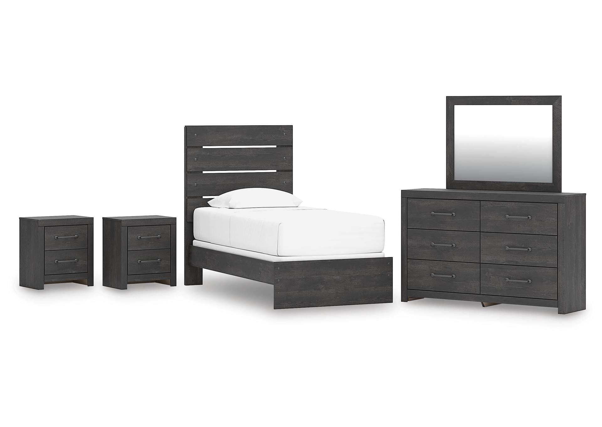 Delmorta Twin Panel Bed, Dresser, Mirror and 2 Nightstands