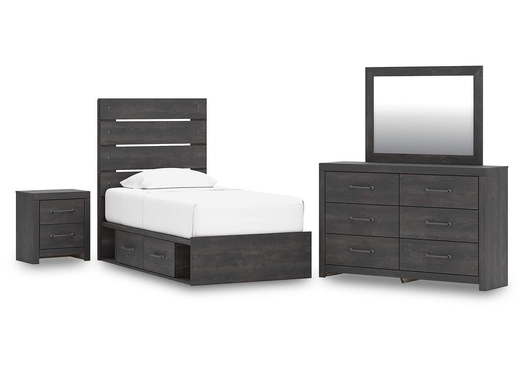 Delmorta Twin Panel Storage Bed, Dresser, Mirror and Nightstand