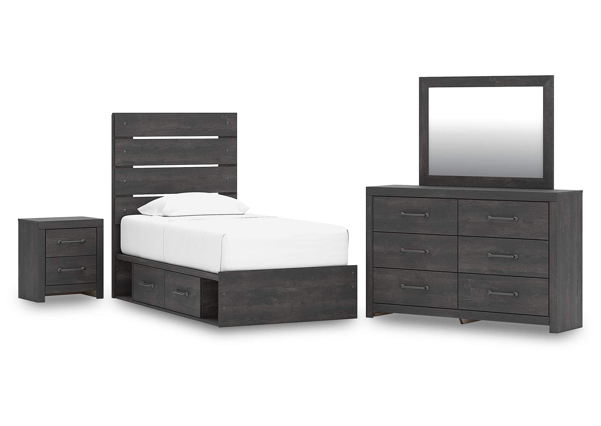 Delmorta Twin Panel Storage Bed, Dresser, Mirror and Nightstand
