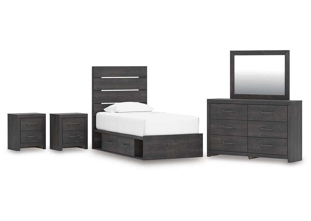 Delmorta Twin Panel Storage Bed, Dresser, Mirror and 2 Nightstands