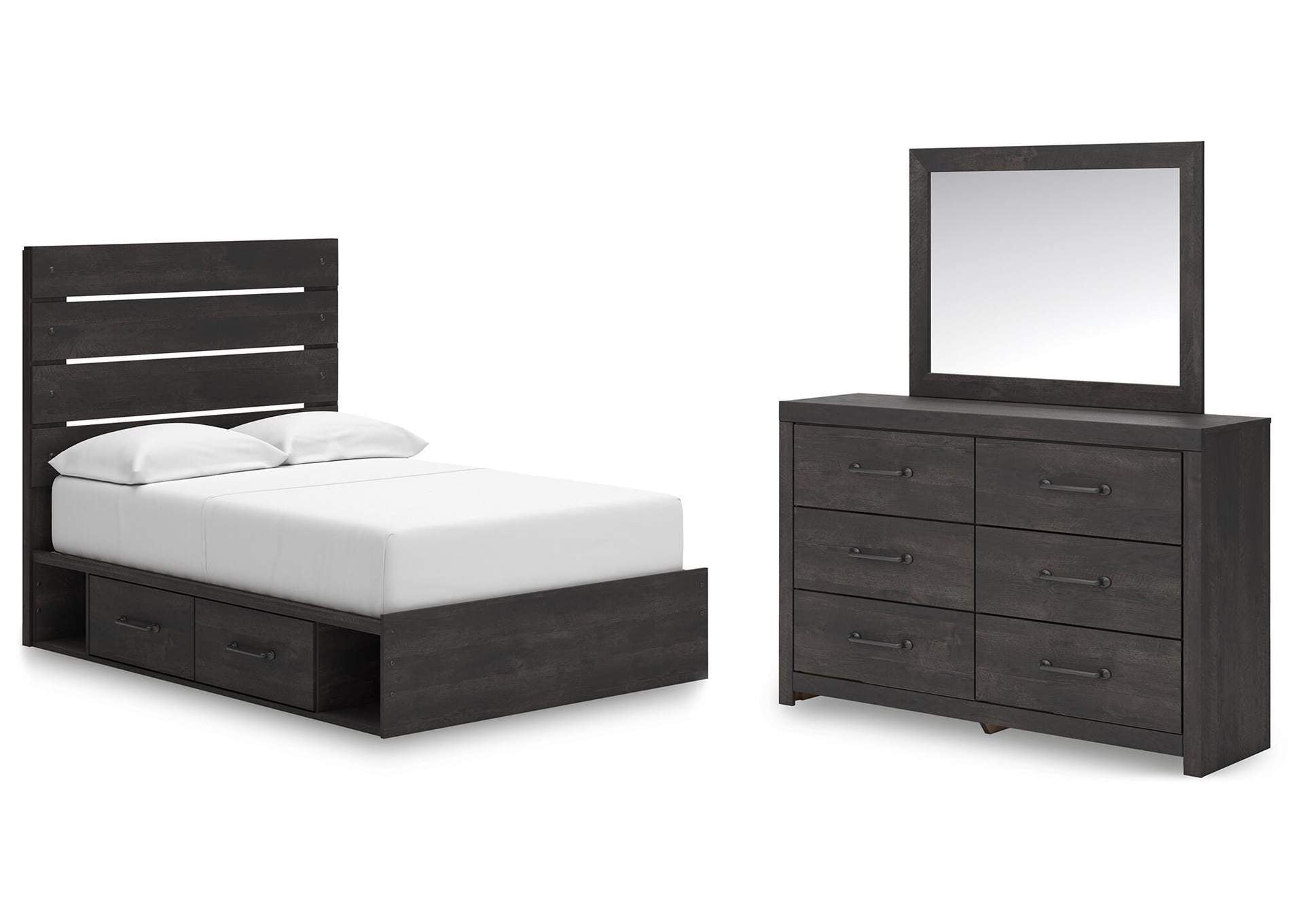 Delmorta Full Panel Storage Bed, Dresser and Mirror