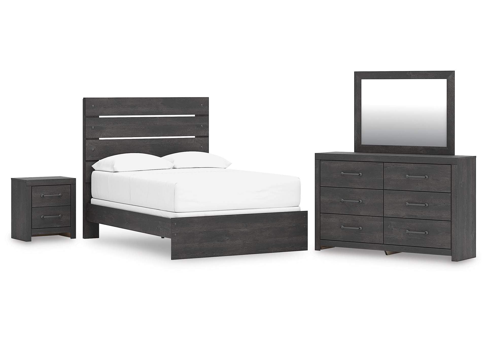 Delmorta Full Panel Bed, Dresser, Mirror and Nightstand