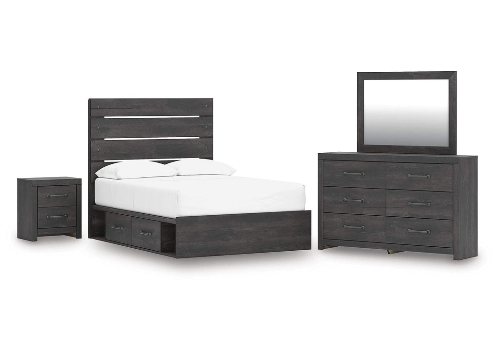 Delmorta Full Panel Storage Bed, Dresser, Mirror and Nightstand
