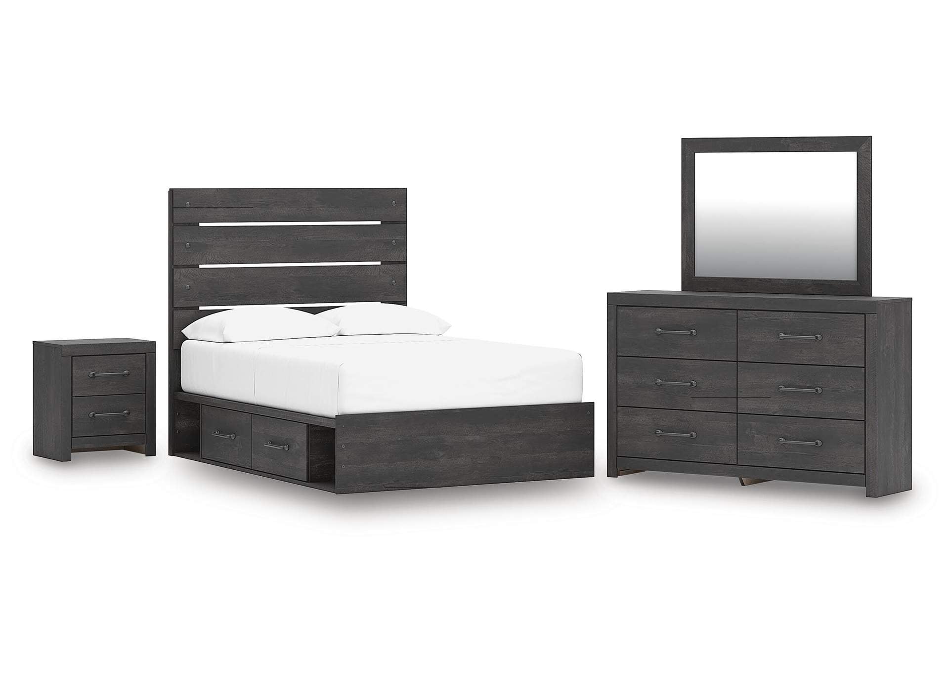 Delmorta Full Panel Storage Bed, Dresser, Mirror and Nightstand