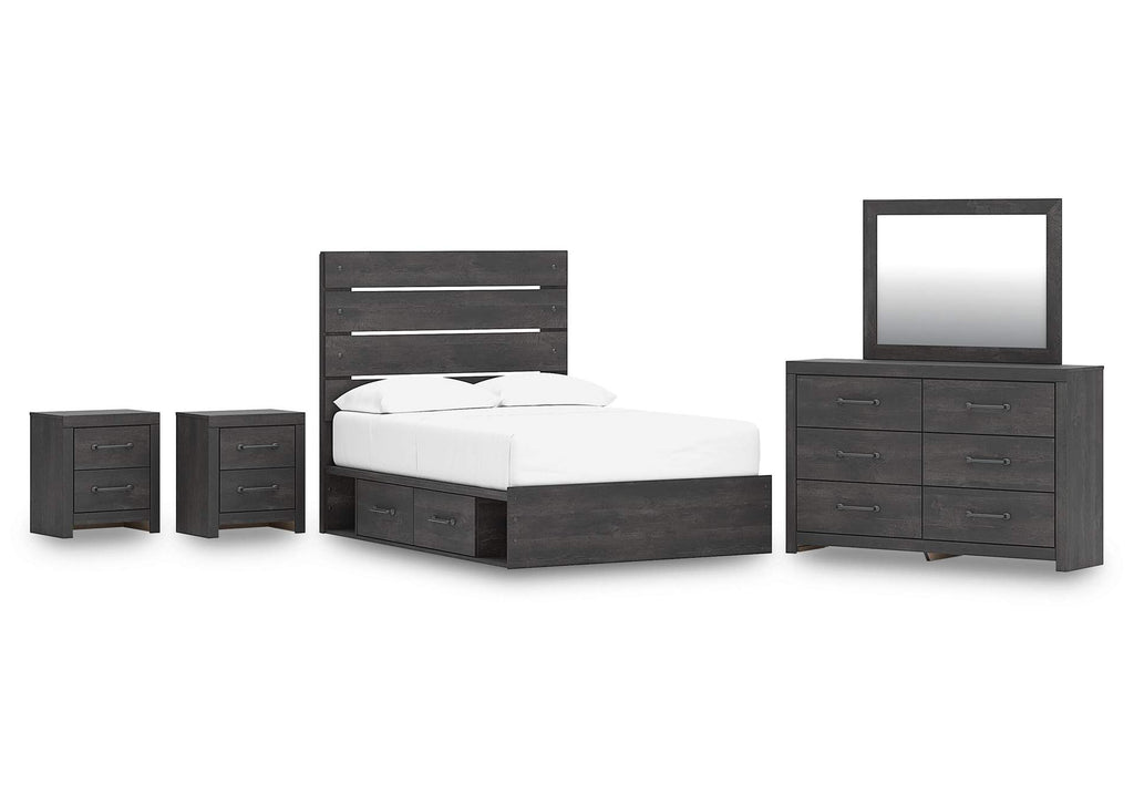 Delmorta Full Panel Storage Bed, Dresser, Mirror and 2 Nightstands