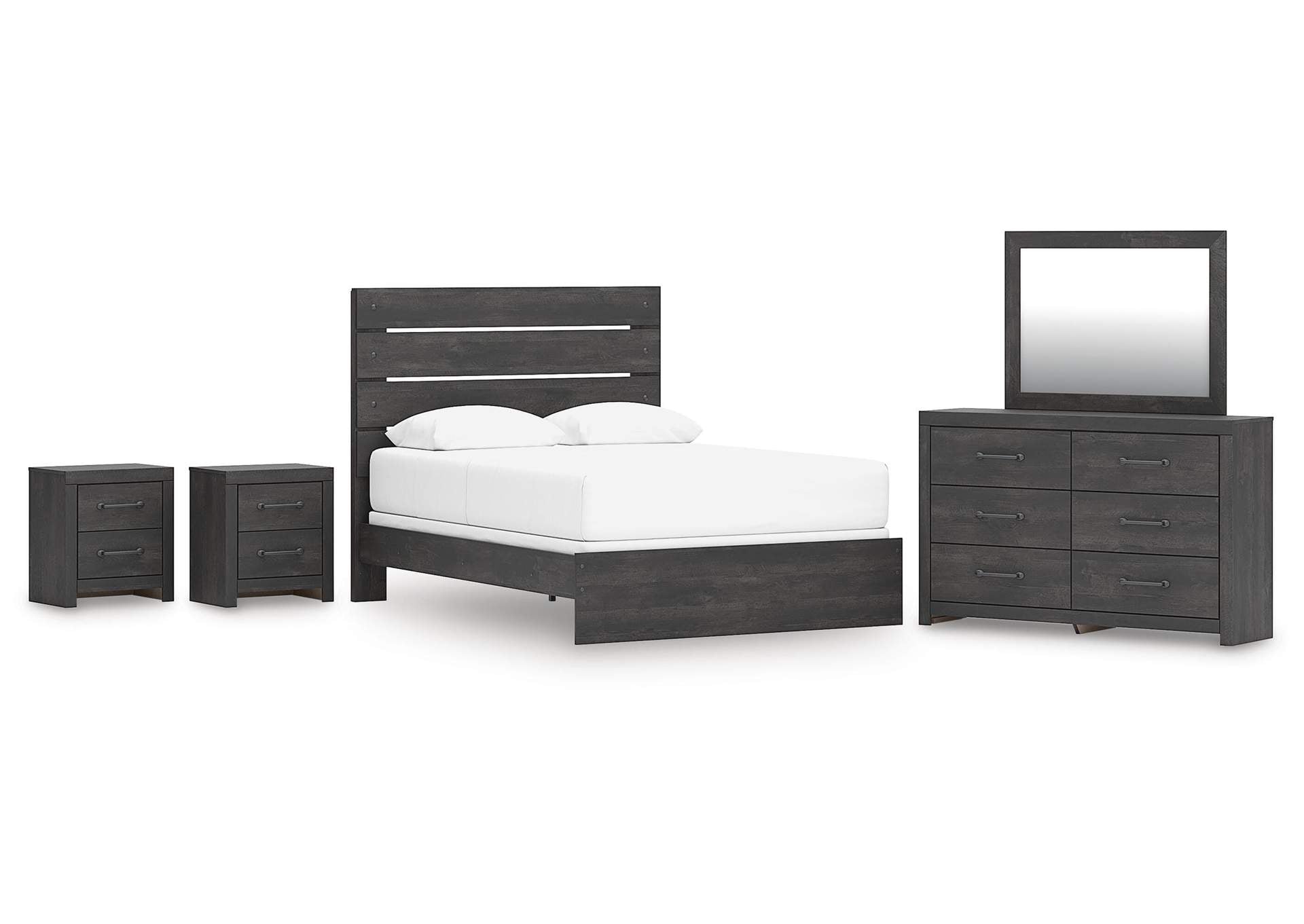 Delmorta Queen Panel Bed, Dresser, Mirror and 2 Nightstands