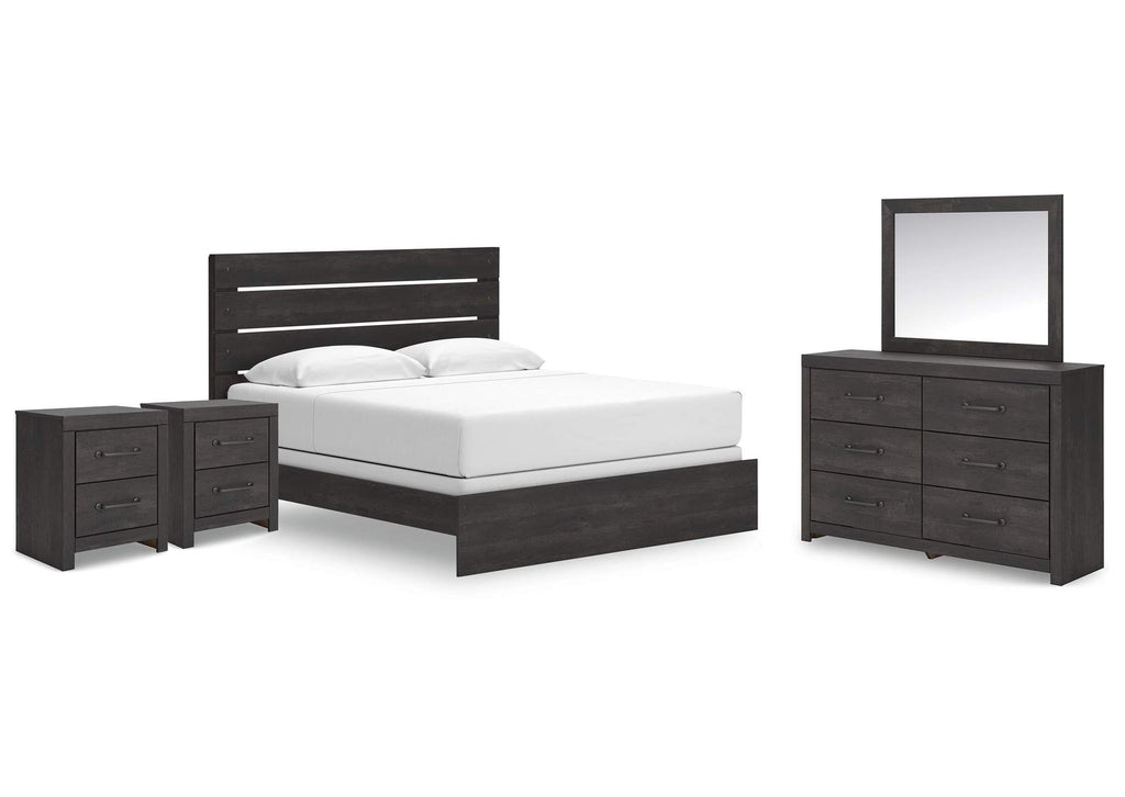 Delmorta King Panel Bed, Dresser, Mirror and 2 Nightstands