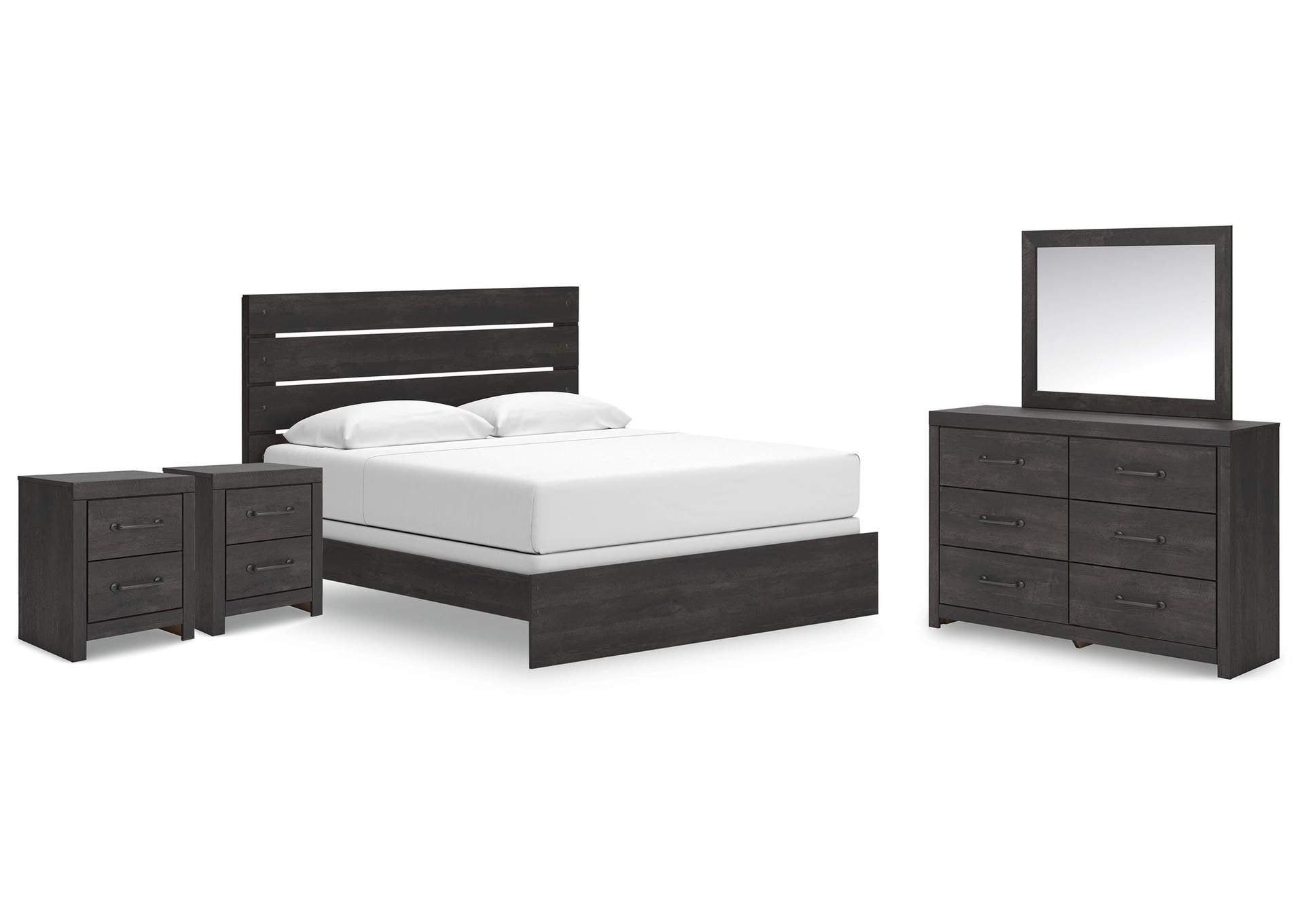 Delmorta King Panel Bed, Dresser, Mirror and 2 Nightstands