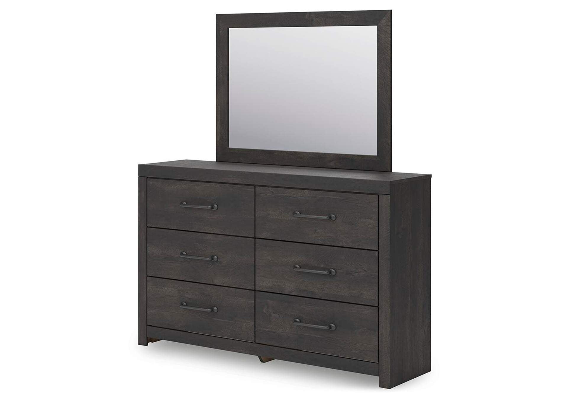 Delmorta Queen Panel Bed, Dresser and Mirror angled view