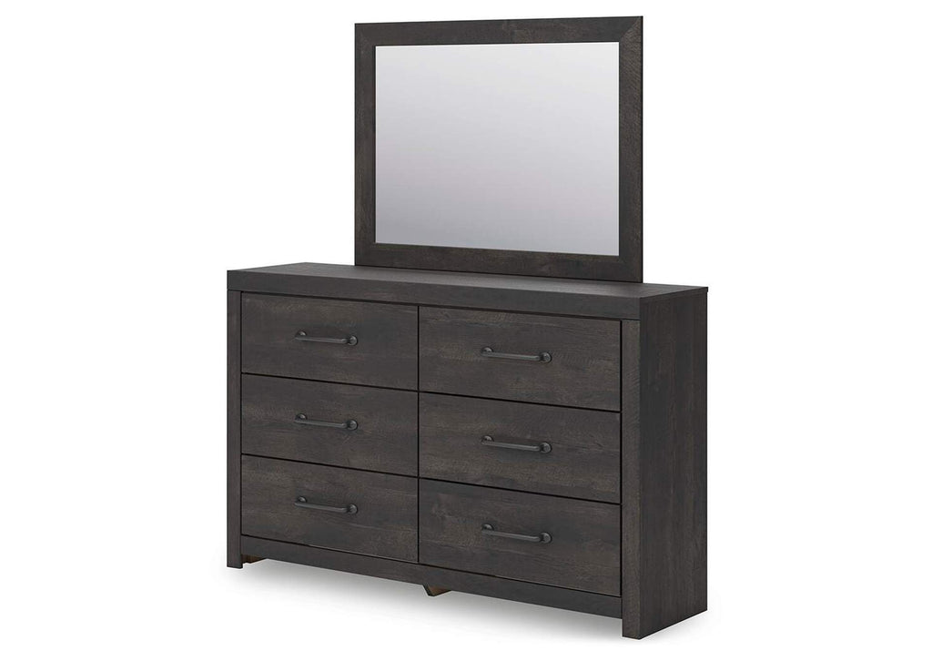 Delmorta Full Panel Bed, Dresser and Mirror angled view