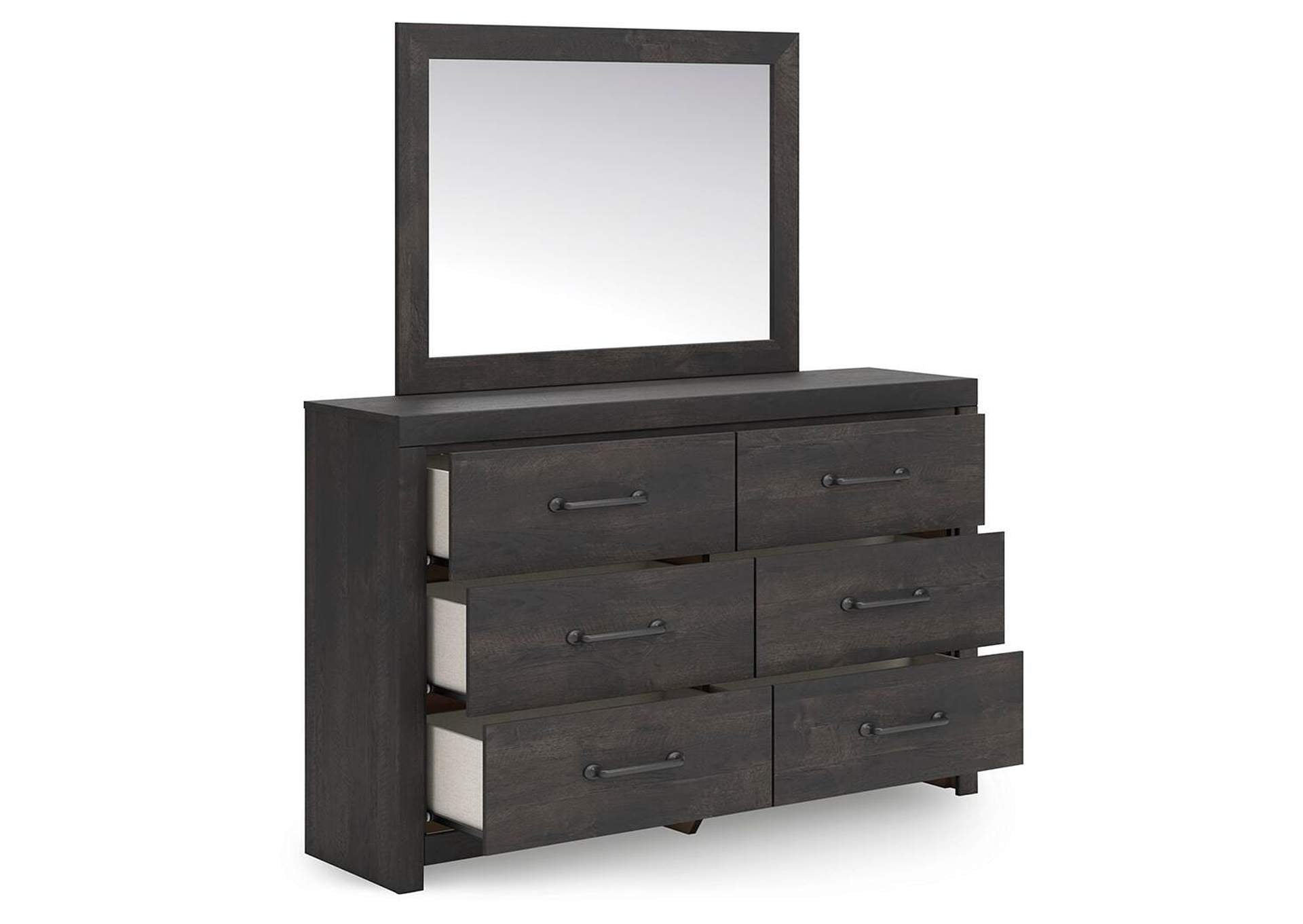 Delmorta Twin Panel Bed with Storage, Dresser, Mirror, Chest and Nightstand angled view
