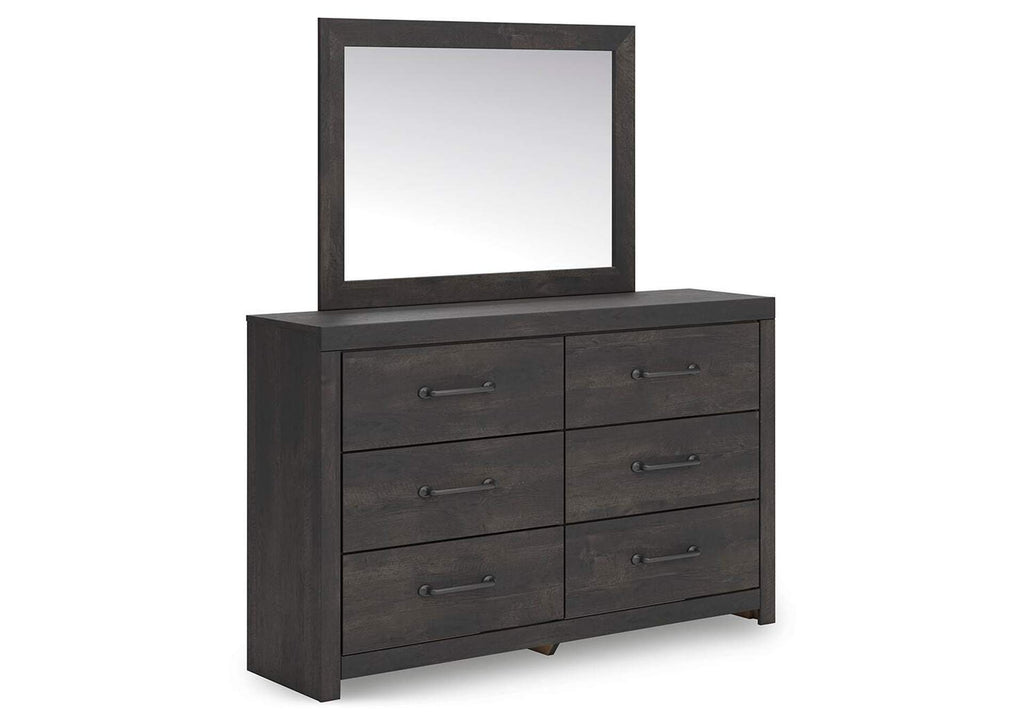 Delmorta Full Panel Bed with Storage, Dresser, Mirror and Chest angled view