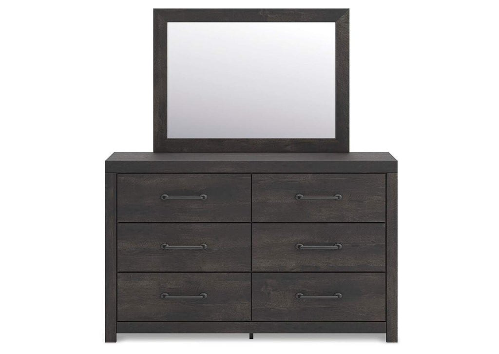 Delmorta Queen Panel Bed, Dresser, Mirror and Nightstand front view