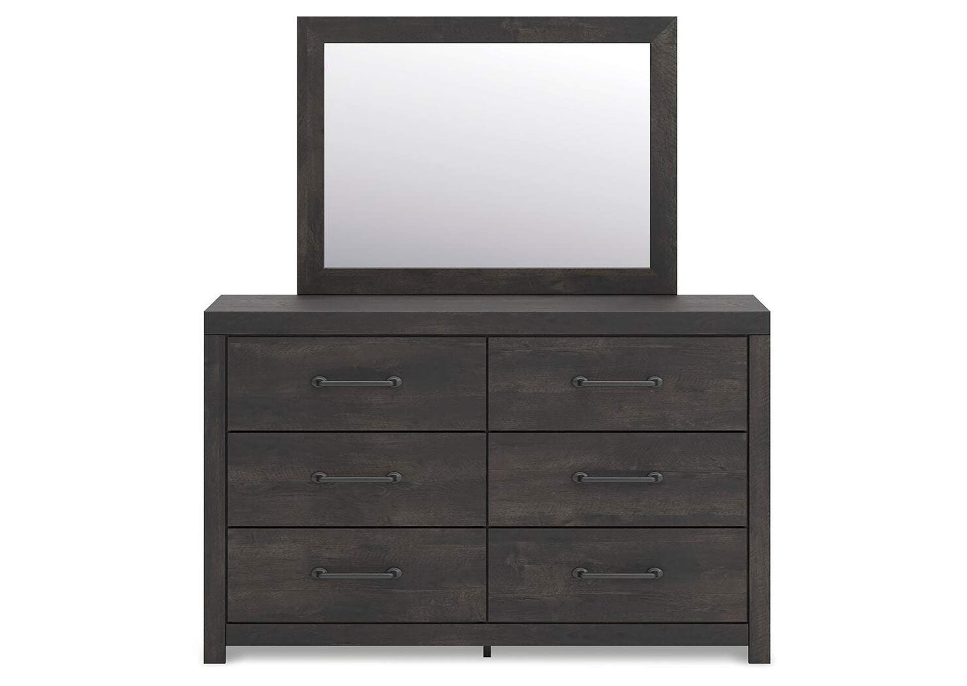 Delmorta King Panel Bed, Dresser, Mirror and Nightstand front view