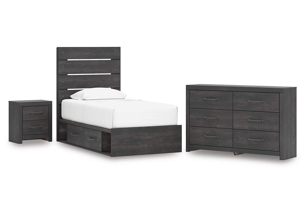 Delmorta Twin Panel Bed with Storage, Dresser and Nightstand