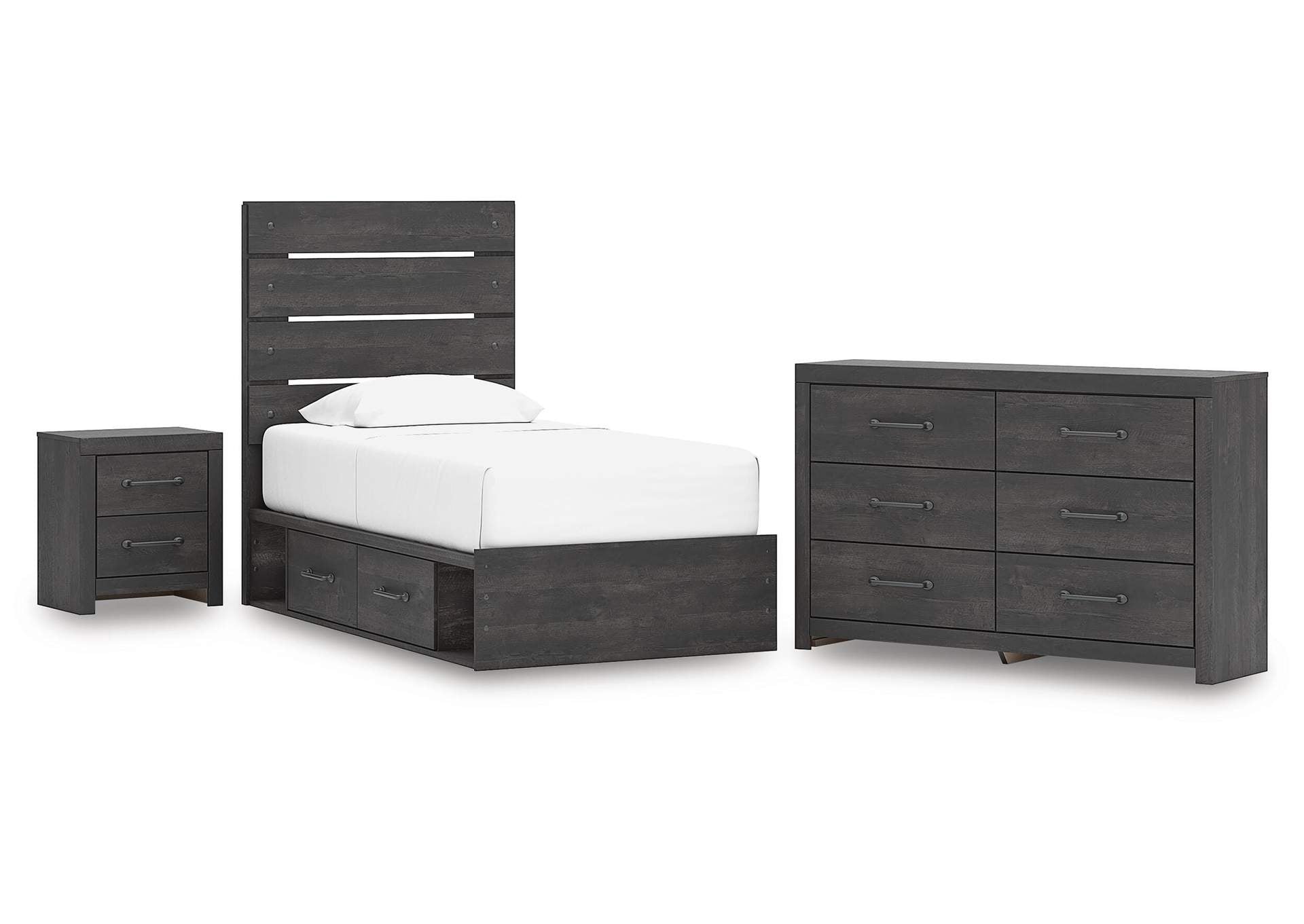 Delmorta Twin Panel Bed with Storage, Dresser and Nightstand