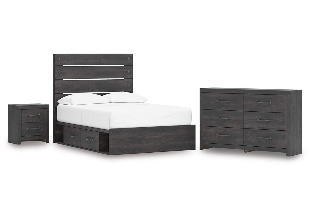 Delmorta Full Panel Bed with Storage, Dresser and Nightstand