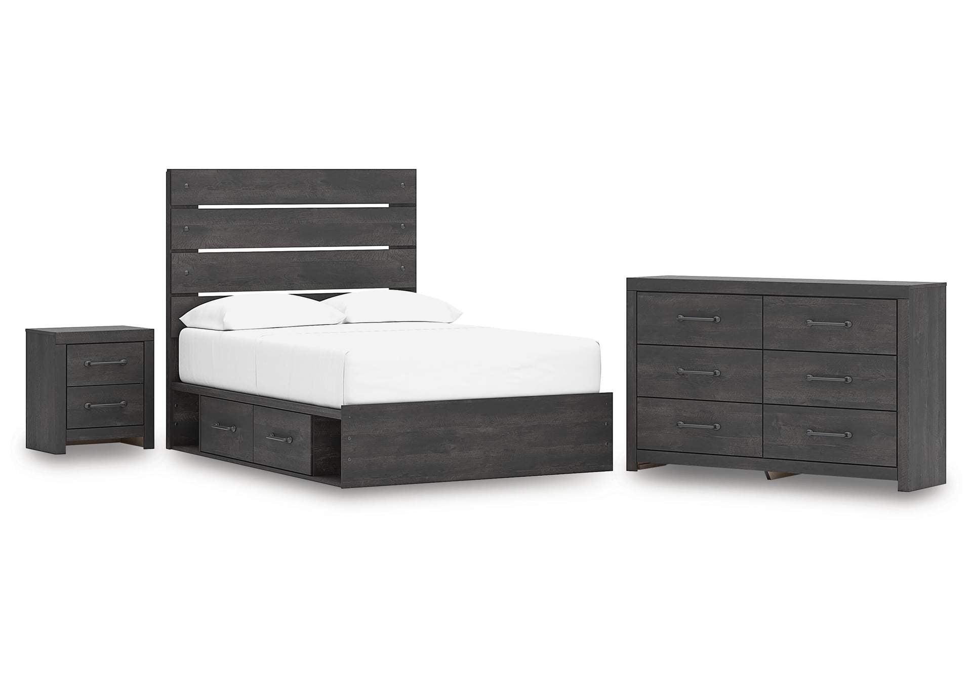 Delmorta Full Panel Bed with Storage, Dresser and Nightstand