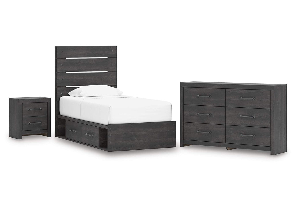 Delmorta Twin Panel Storage Bed, Dresser and Nightstand