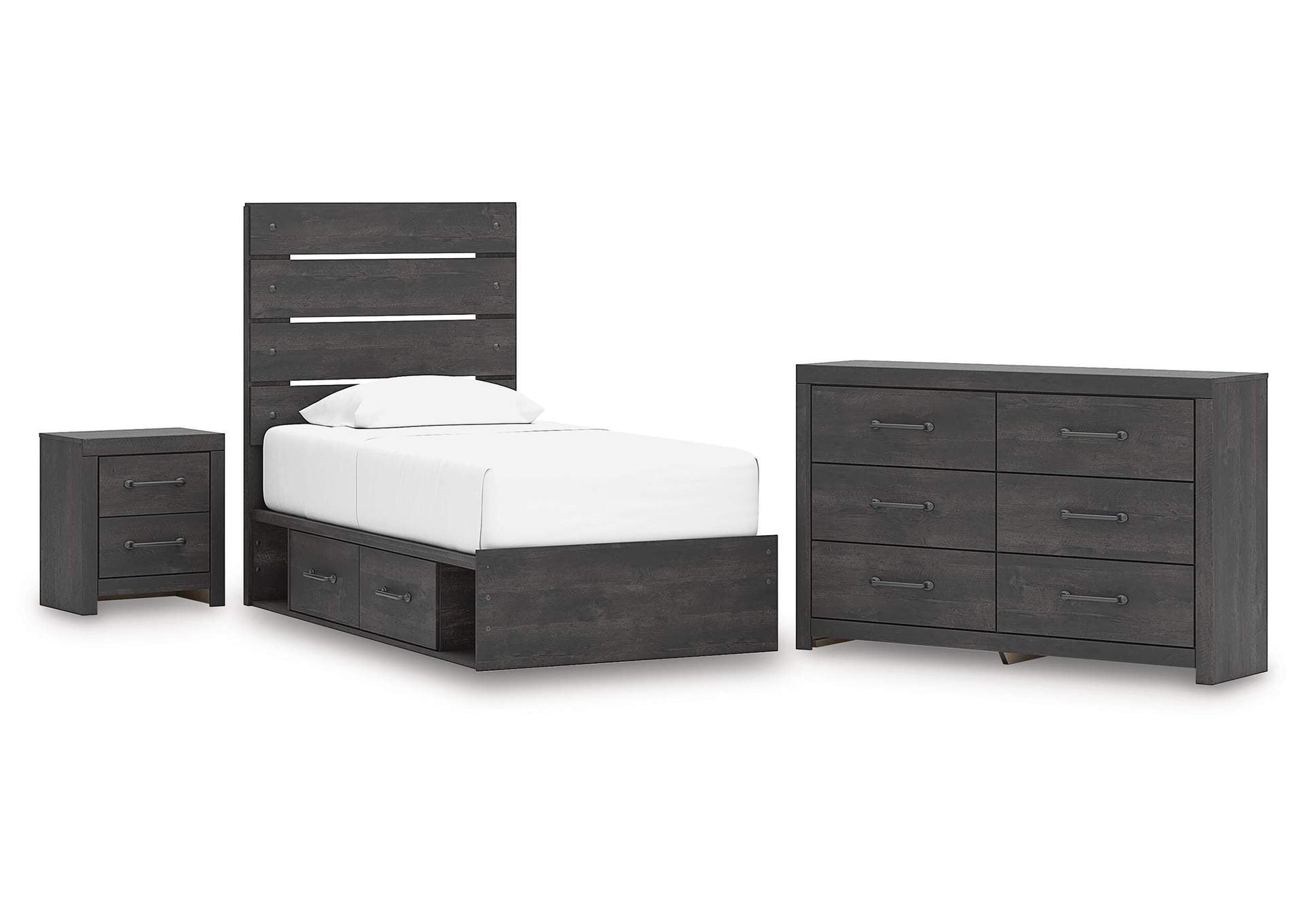 Delmorta Twin Panel Storage Bed, Dresser and Nightstand