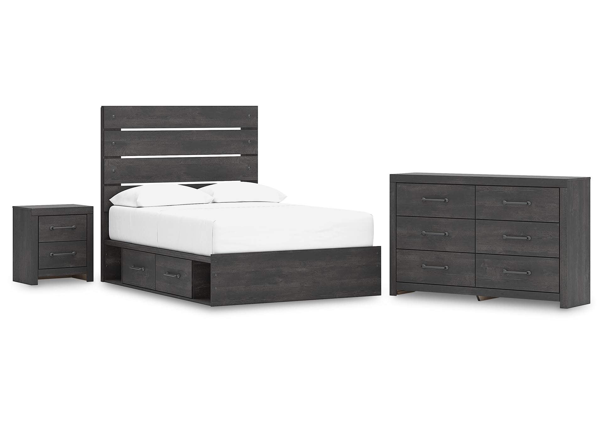 Delmorta Full Panel Storage Bed, Dresser and Nightstand