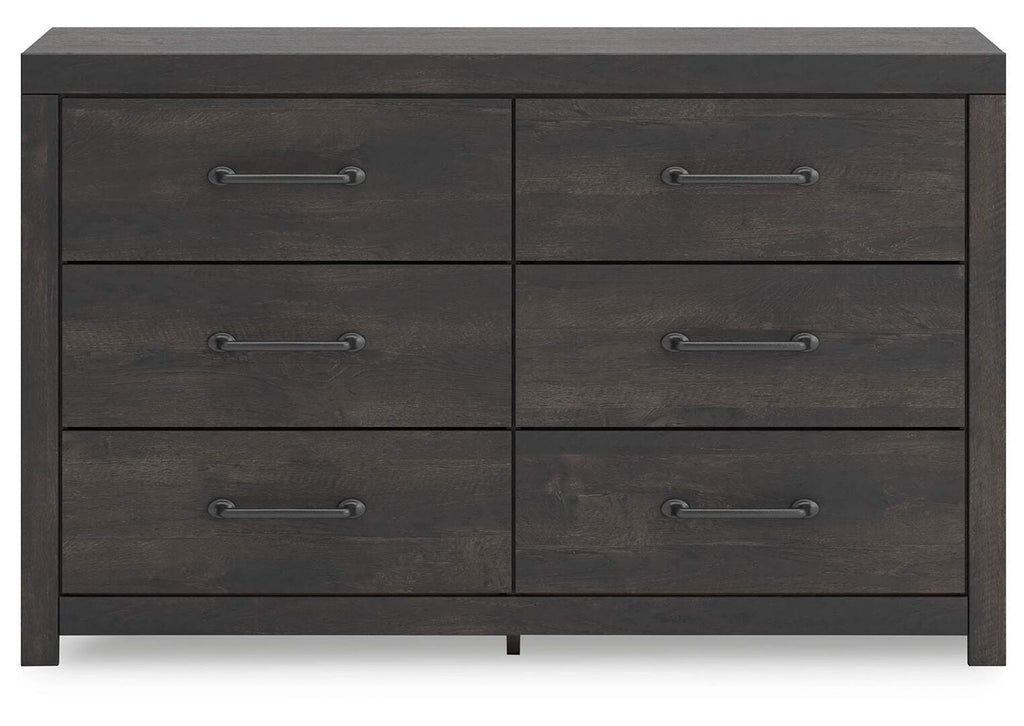 Delmorta Twin Panel Bed with Storage, Dresser and Nightstand front view