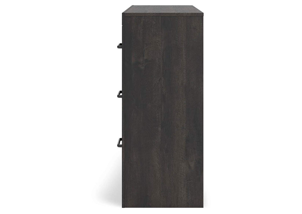 Delmorta Full Panel Bed, Dresser and Nightstand side view