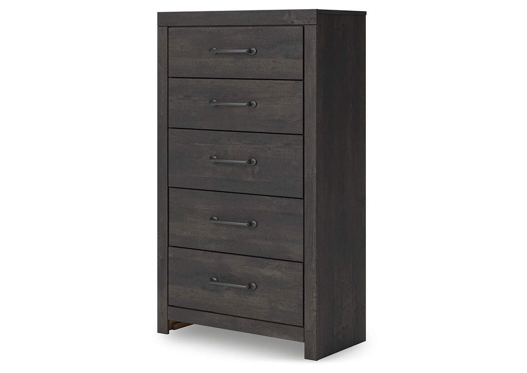 Delmorta Full Panel Storage Bed, Dresser, Mirror, Chest and Nightstand angled view